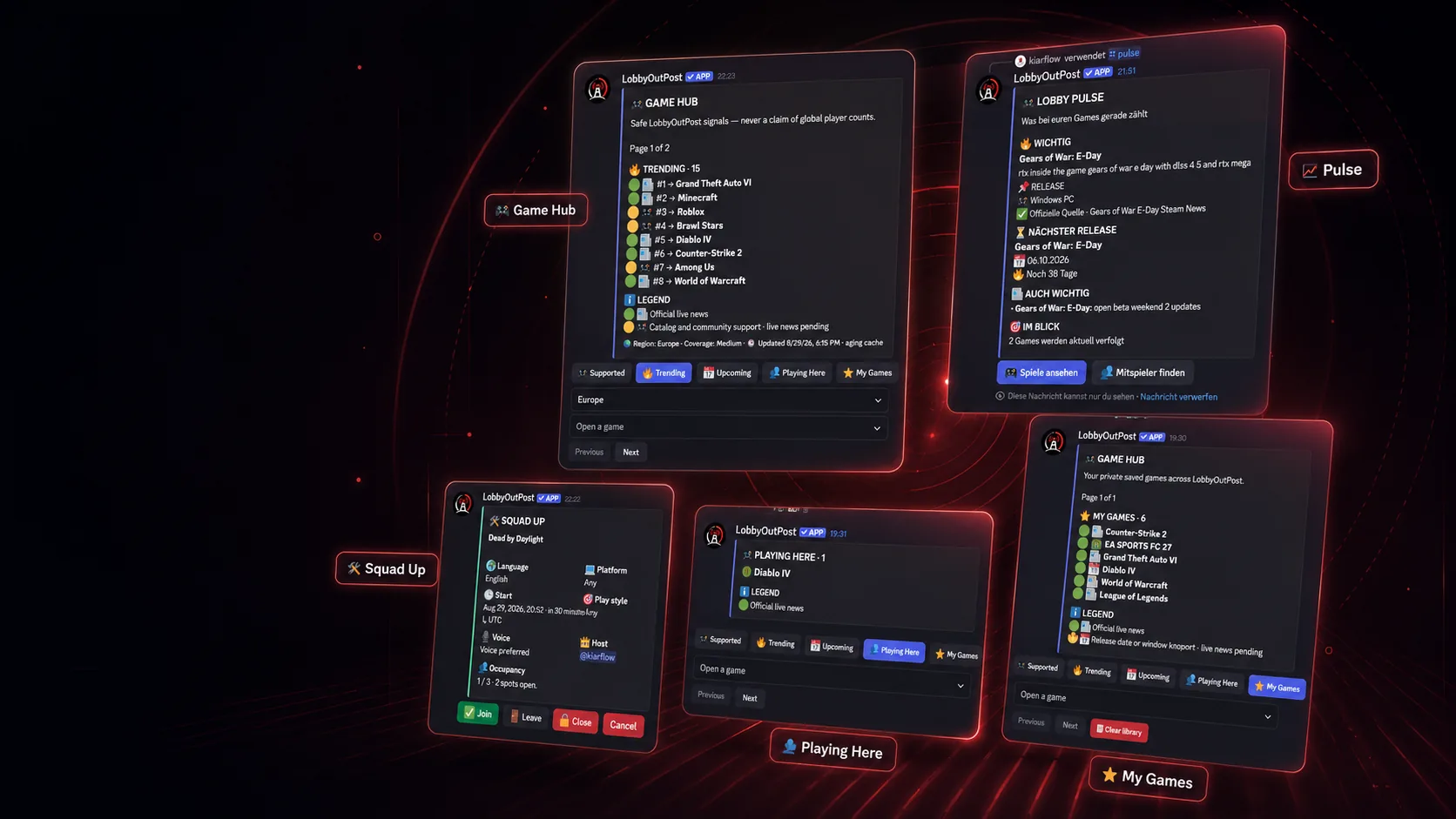 Stilisierte LobbyOutPost-Produktszene auf Basis der Live-Bot-UI