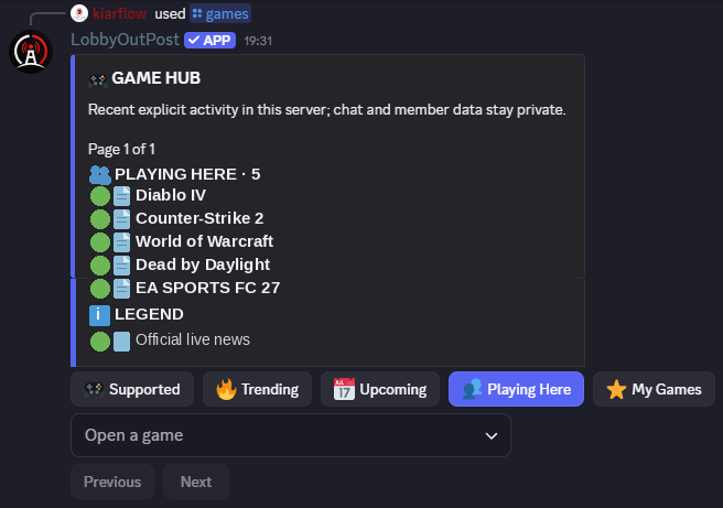 Playing-Here-UI-Beispiel auf Basis des echten LobbyOutPost Game Hub